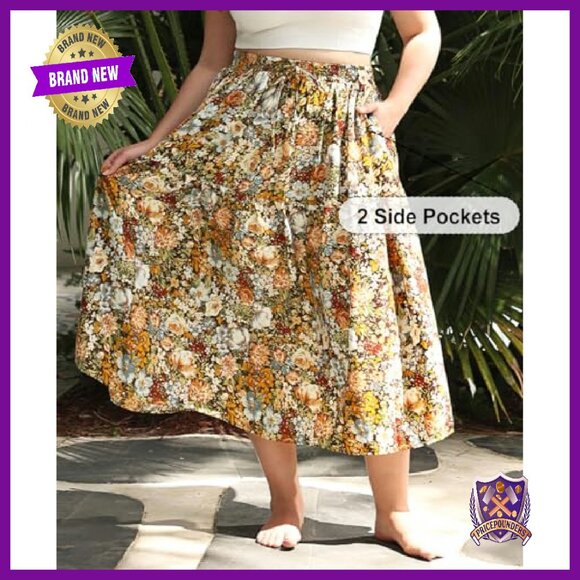 Plus Size Maxi Skirt Elastic Waist Pockets A-Line Tiered Long Boho - Picture 3 of 7